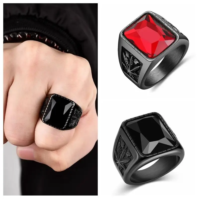 Jiayiqi Men Hiphop Ring 316L Stainless Steel Black/Red Stone Ring Rock Fashion Male Jewelry Wedding Rings Accessories Wholesale