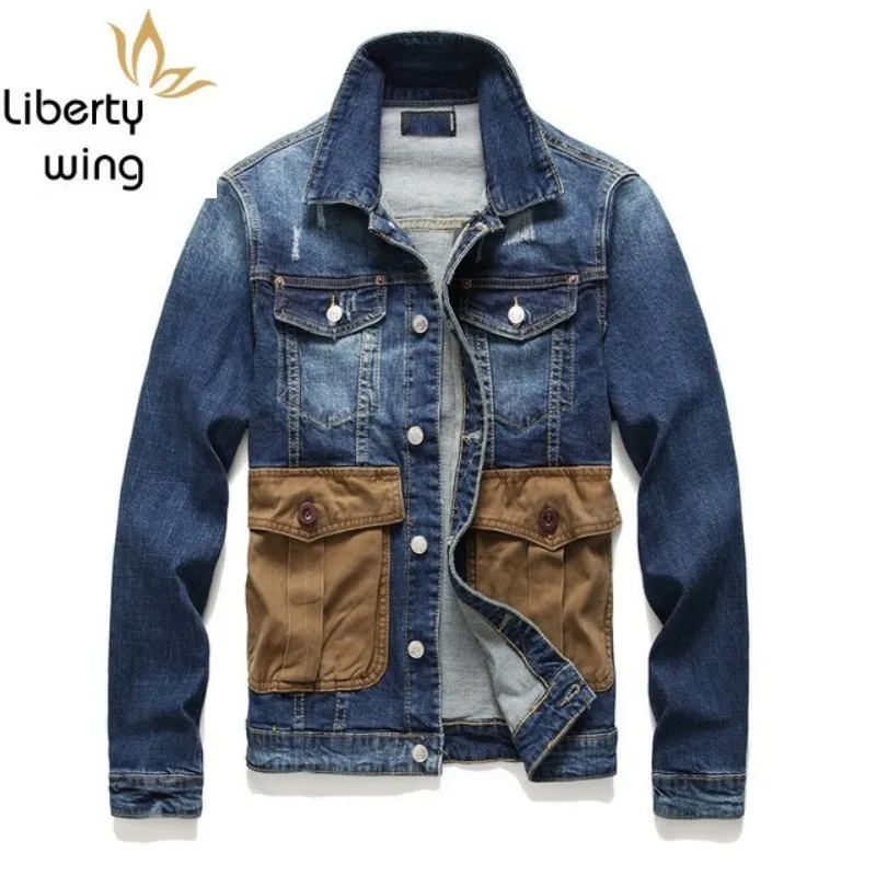 

Spring Autumn Mens Multi-Pocket Jean Single Breasted Vintage Biker Slim Jacket Street Style College Coat Long Sleeve Blue