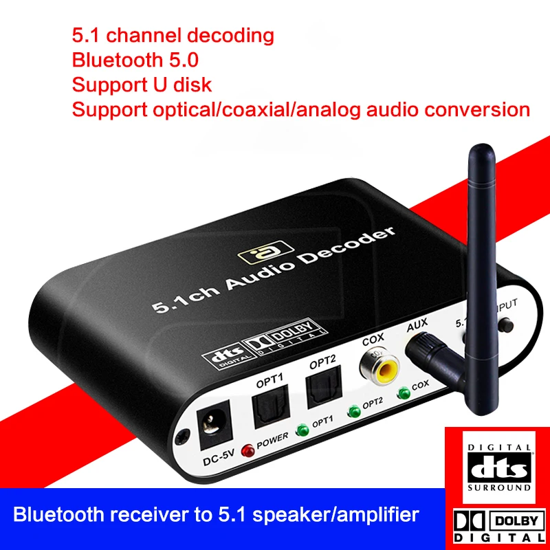 DTS Dolby Audio Decoder U Disk Play 5.0 Bluetooth Receiver Turn Speaker Amplifier Audio 5.1 Channel Support USB with Power