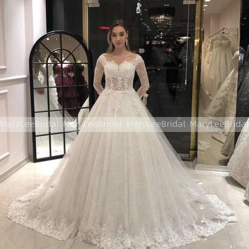 Sheer Scoop Neckline Ball Gown Lace Wedding Dress With Long Sleeves 2021 Appliqued Transparent Bodice Bridal Dresses Robe Longue