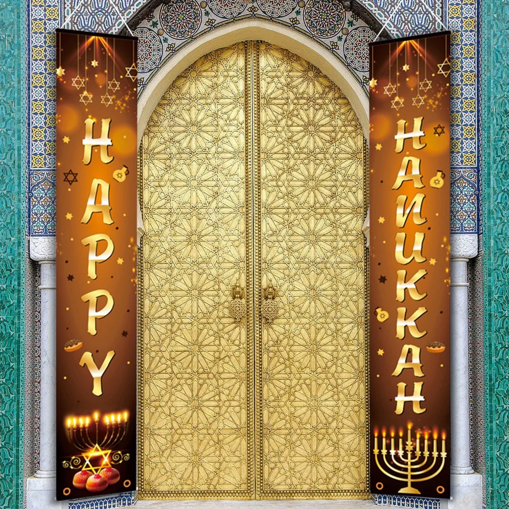 Happy Hanukkah Door Porch Sign Banners Decorations Hanukkah Hanging Welcome Sign for Home Holiday Party Outdoor Decor