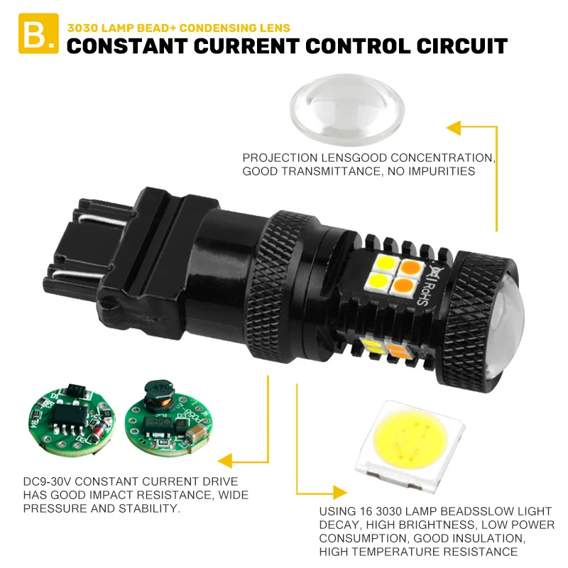 スイッチLED点滅電球,高品質の駐車用照明3157デュアル色,白,黄,3030 16smd