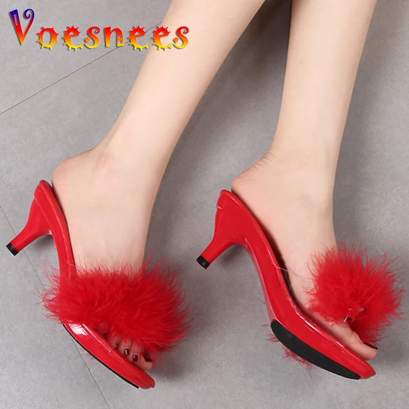 Solid Color Feather Fairy Slippers Summer Transparent Sandals Thin High Heels Sexy Fur Crystal 6cm Low Heel Derss Women Shoes