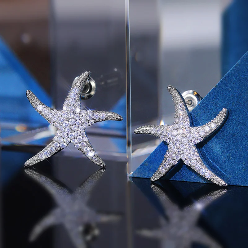 Huitan Luxury Silver Color Starfish Stud Earrings Women Micro Paved CZ Crystal Five-pointed Star Statement Jewelry Drop Shipping