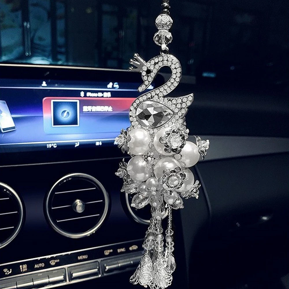 Car Pendant HighGrade Swan Diamond Female Automobile Rearview Mirror Hanging Ornaments Double-sided Crystal Inlaid Element Decor