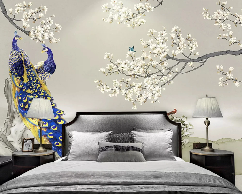 beibehang Custom wallpaper hand-painted fashion classic green Chinese magnolia peacock bird TV background wall paper