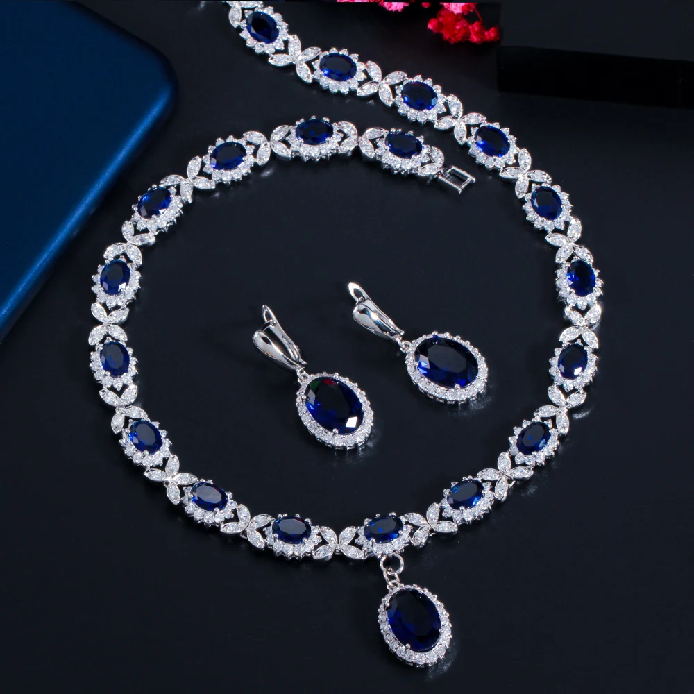 CWWZircons White Gold Color Cubic Zirconia Leaf Drop Blue Big Wedding Necklace Women Party Costume Jewelry Set for Brides T523