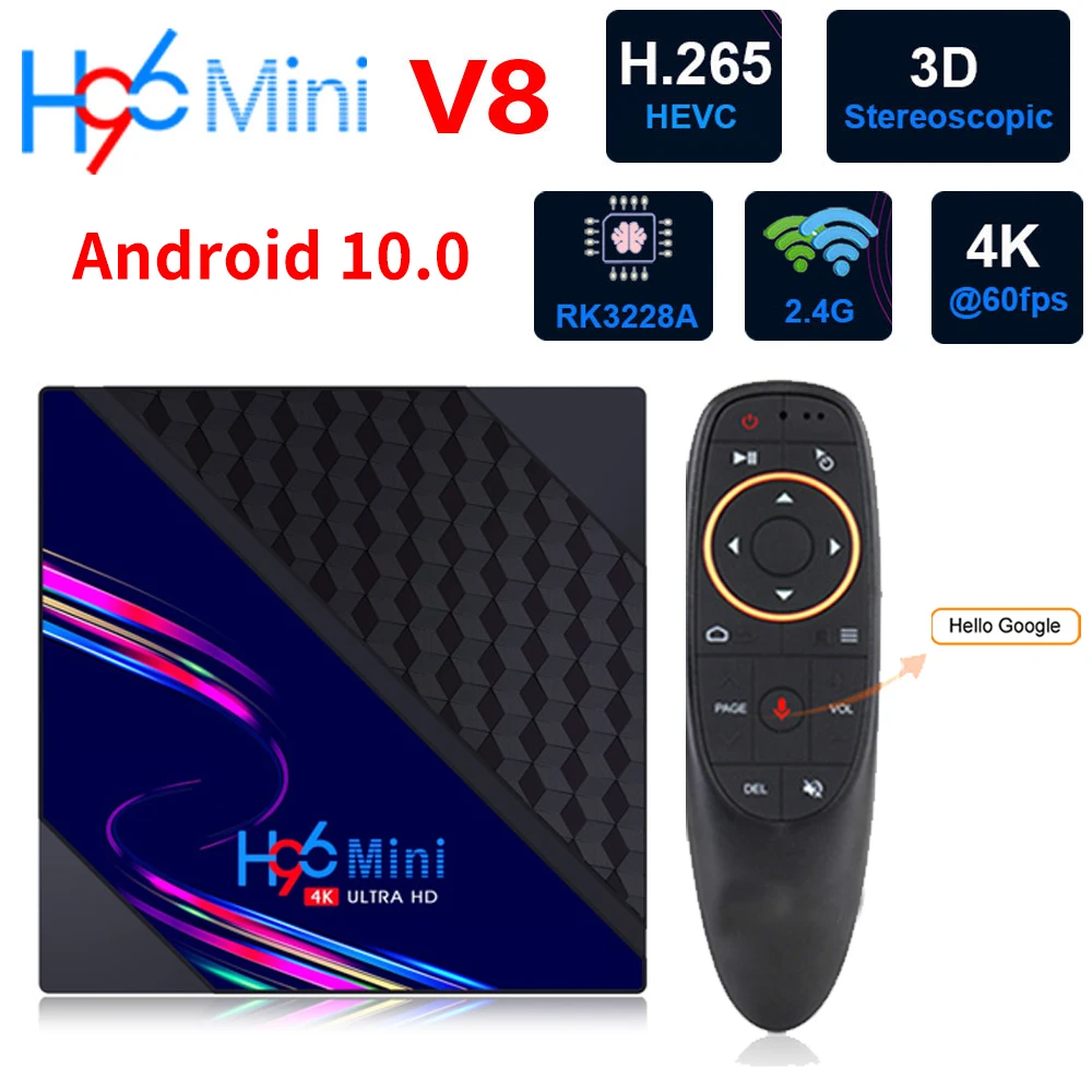 H96 Mini V8 Android 10 TV Box 2.4G 5.8G Dual Wifi RK3228 4K 60fps Media Player 1080p 3D HDR10 H96MINI Set top Box Support OTT