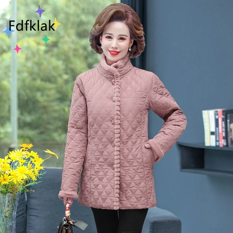 Fdfklak 5XL Mother Gift Plus Velvet Warm Cotton-Padded Jacket Button Quilted Fleece Fabric Coat Top Camisole Jaqueta Feminina