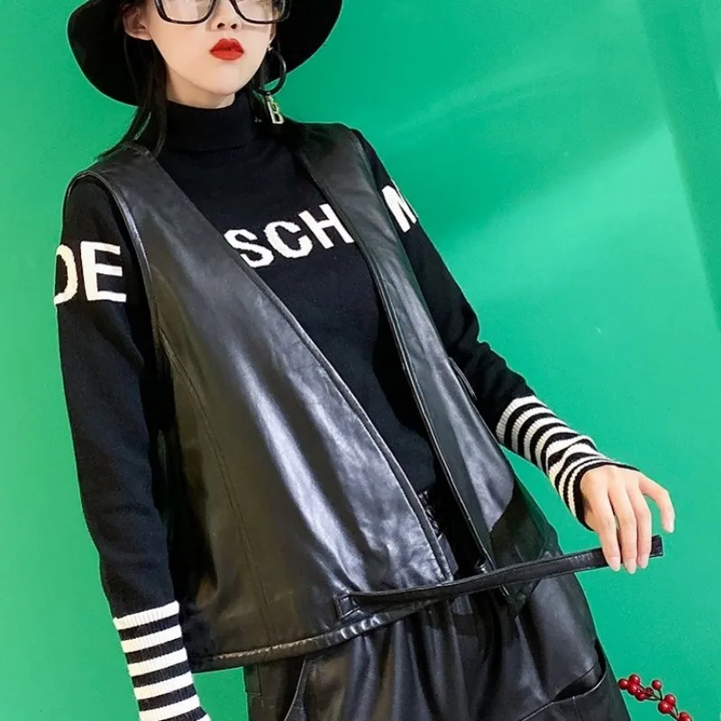 Imagem -05 - Colete de Couro Legítimo Feminino Streetwear sem Mangas Cabolsa Cardigan Solto com Bolso Renda Casual Real Pele de Carneiro Cabolsa