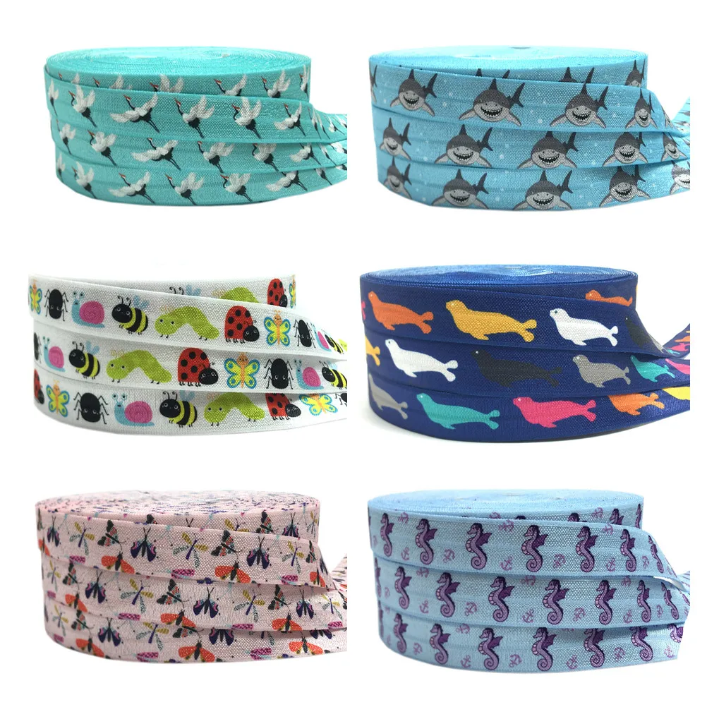 16mm Sea Lion Butterfly Print Animal Fold over Elastic Band Sewing Tape Handmade Crafts Accessories DIY Baby Headband Hair Ties