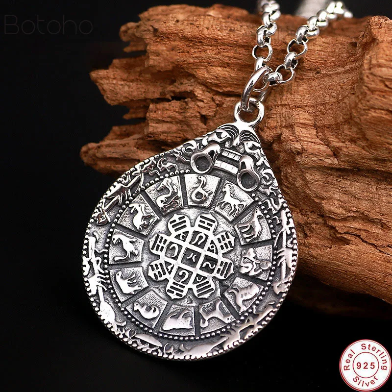 Authentic 925 Sterling Silver colour Round Pendant Chinese Zodiac For Men Vintage Punk Rock Man Jewelry Buddhist Accessories