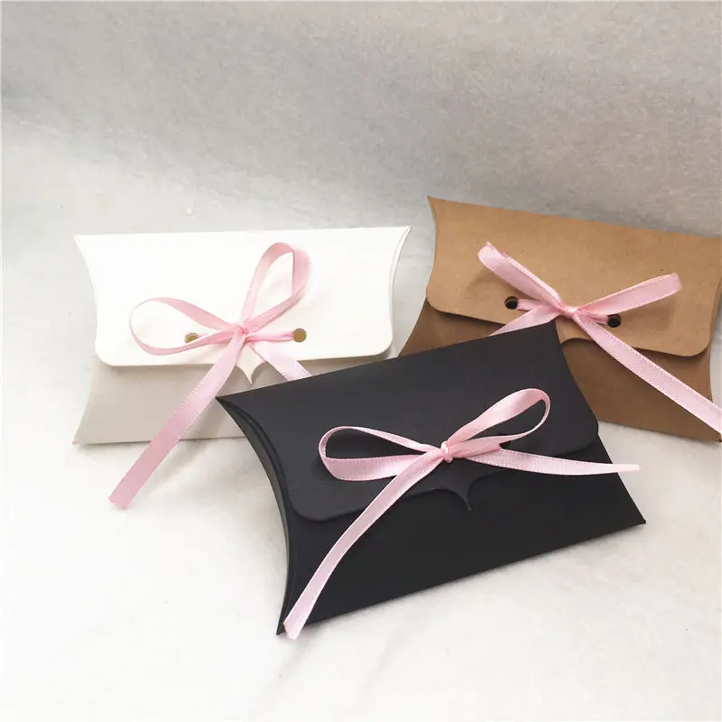 100Pcs/Lot Kraft Paper Pillow Boxes For Happy Birthday Cake Candle Packaging Container DIY Pillow Boxes With Ribbons Wholesale