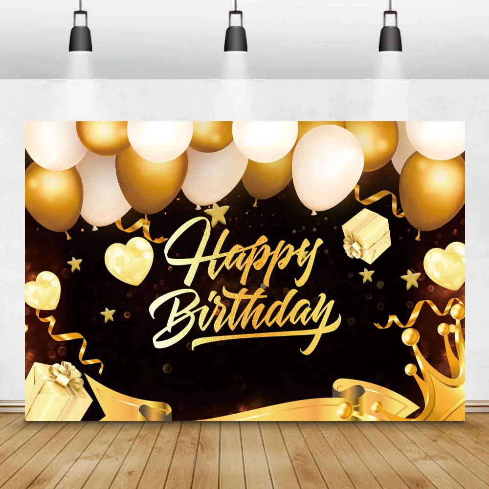 Golden Balloons Happy Birthday Photo Background Friends Party Family Photocall Poster Name Portrait Photography Backdrop Banner