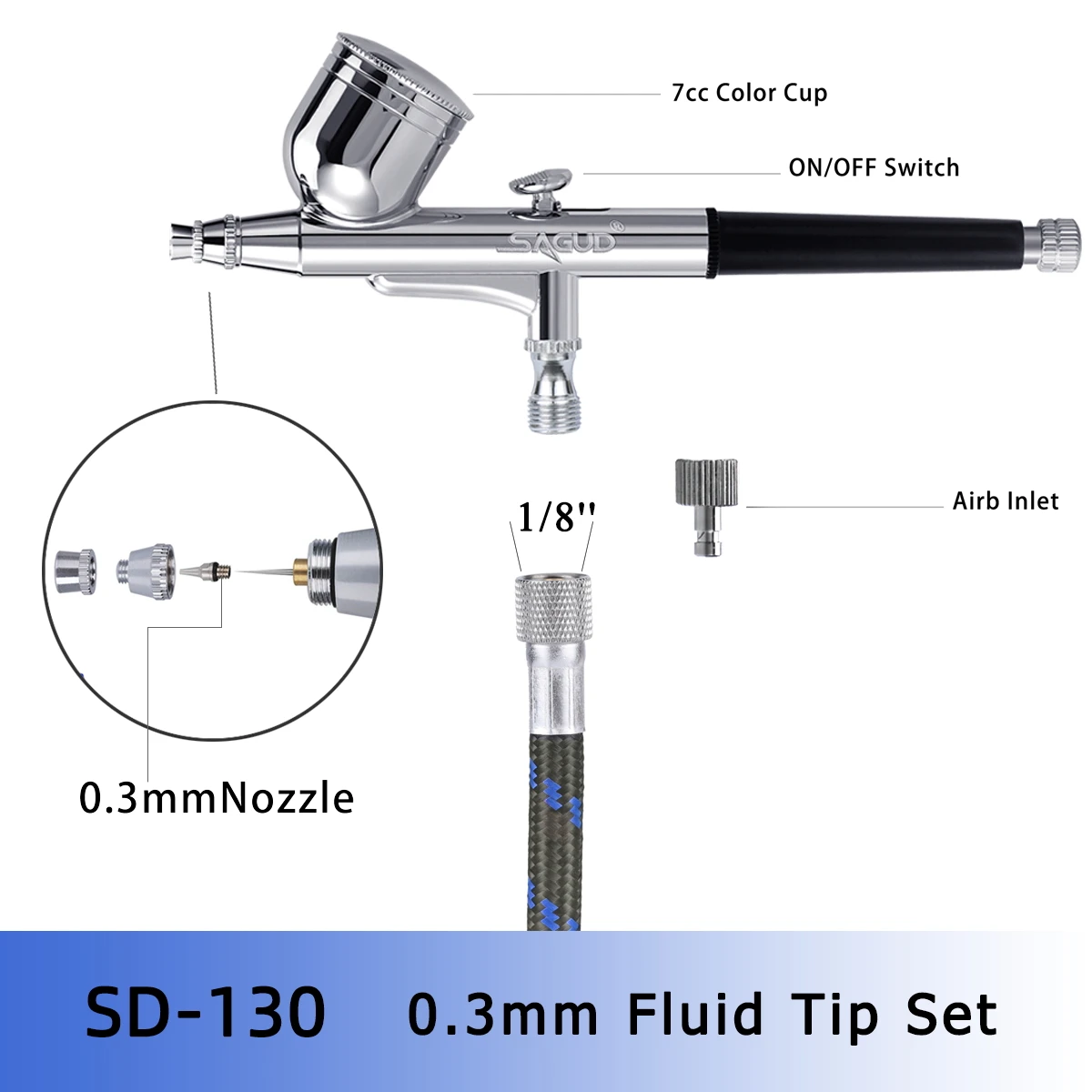 SAGUD Dual-Action Airbrush with Auto Shut Airbrush Compressor Kit for Cake Decor Tattoo Nail Makeup with Spray Gun Cleaning Set