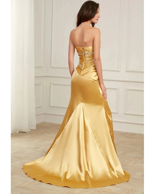 2023 Elegant Gold Mermaid Party Wear Formal Evening Dress Strapless Beading Floor Length Satin Prom Gowns Vestidos De Noiva