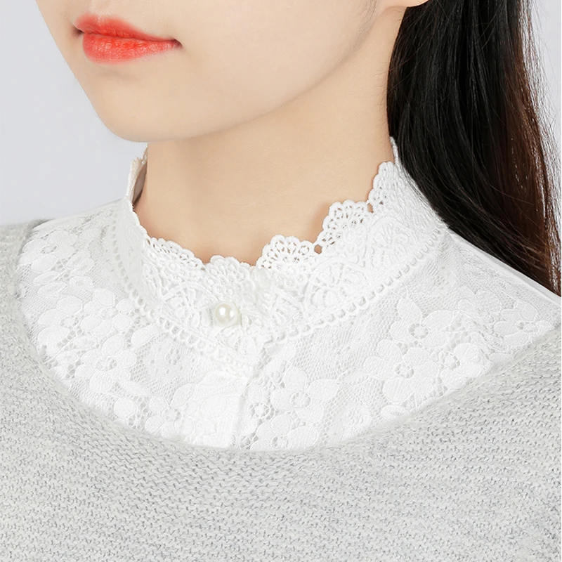 NEW High Quality White Lace Women Fake Collar Stand Beads Detachable Fashion Elegant Ladies False Blouse Collar Half Shirt