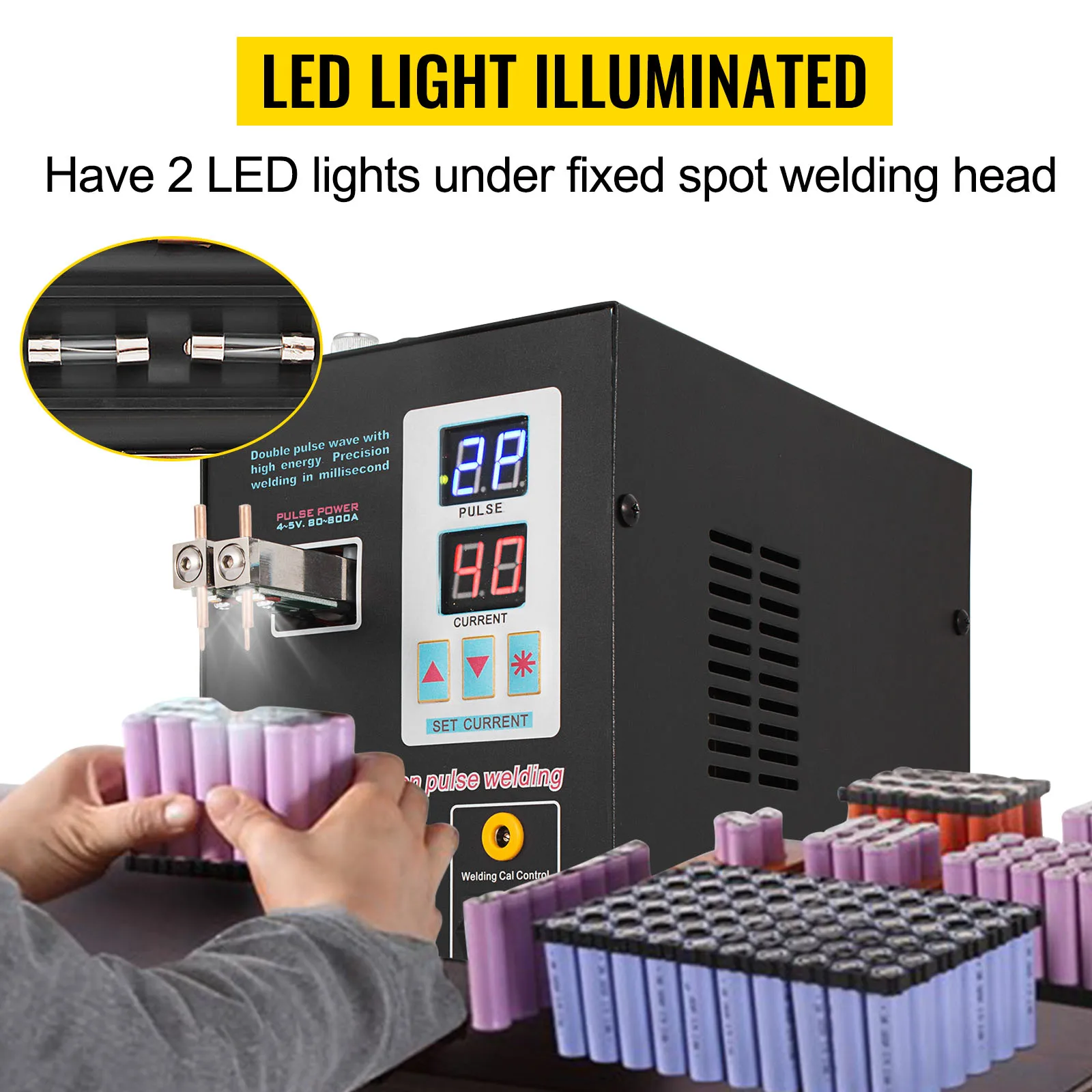 VEVOR Macchina Saldatrice Elettrica per Batteria Portatile Corrente di Saldatura 50A-800A Saldatrice a Punti con Ago di Saldatura Pressione di Saldatura 200g-700g Schermo di Controllo e Luce LED Potenza Massima 1500W