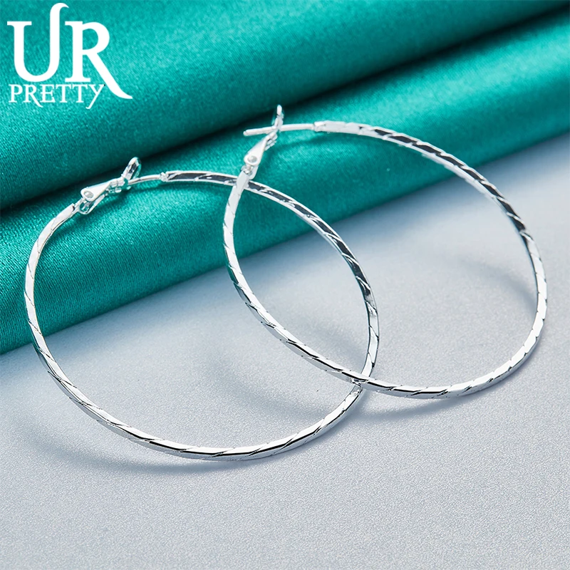 UPRETTY New 925 Sterling Silver 50mm Twill Circles Hoop Earring For Women Lady Party Wedding Engagement Charm Jewelry Gift