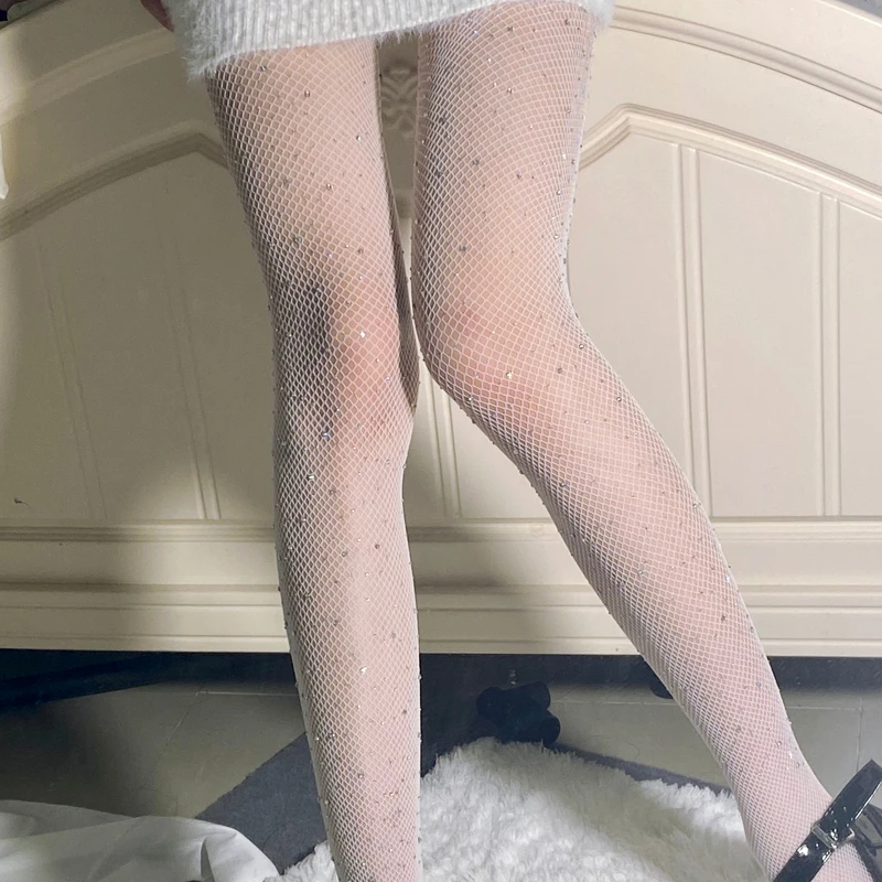 JK White Pantyhose Sexy Fashion Tight Stock Hot Girl 2021 New Net White Drill Fishing Net Tights Slim Women's Cosplay Clothes