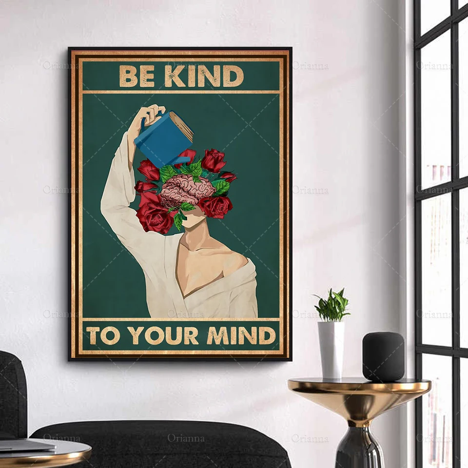 Be Kind To Your Mind Poster, Garden Art Print, Garden Signs, Pot Head Poster, Vintage Brain Wall Decor, Flower Pot Brain Art,