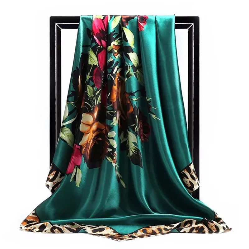 Women Silk Scarf Fashion Flower Print Square Head Scarves Lady Luxury Brand Shawls Silk Women Scarf Foulard Satin Hijab 90*90cm