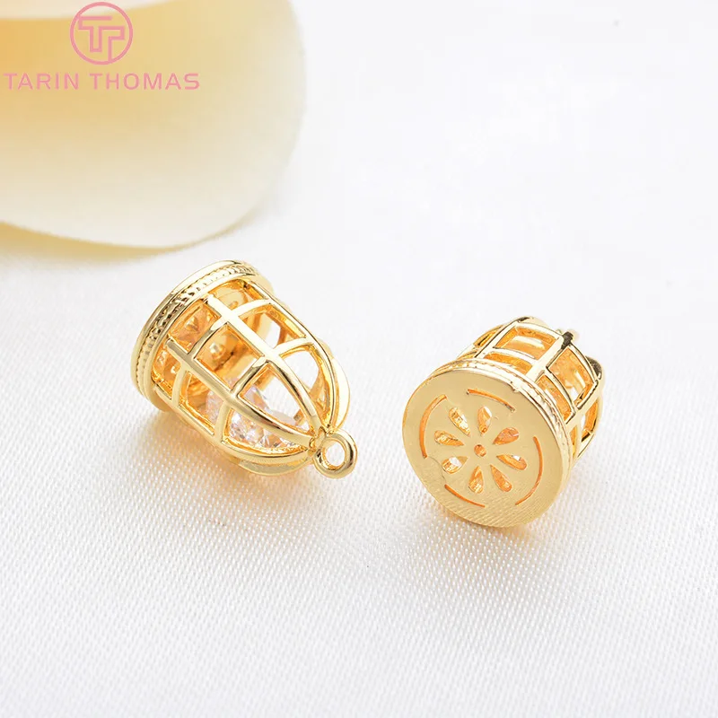 (510)6PCS 12x9MM 24K Gold Color Brass with Zircon Hollow Birdcage Charms Pendants High Quality DIY Jewelry Making Findings