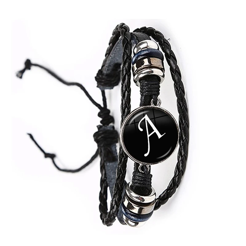 Simple Fashion Initial Alphabet Men Leather Bracelet Braided Punk Rock 26 Letters A-Z Glass Bracelet Jewelry Gift For Men Women