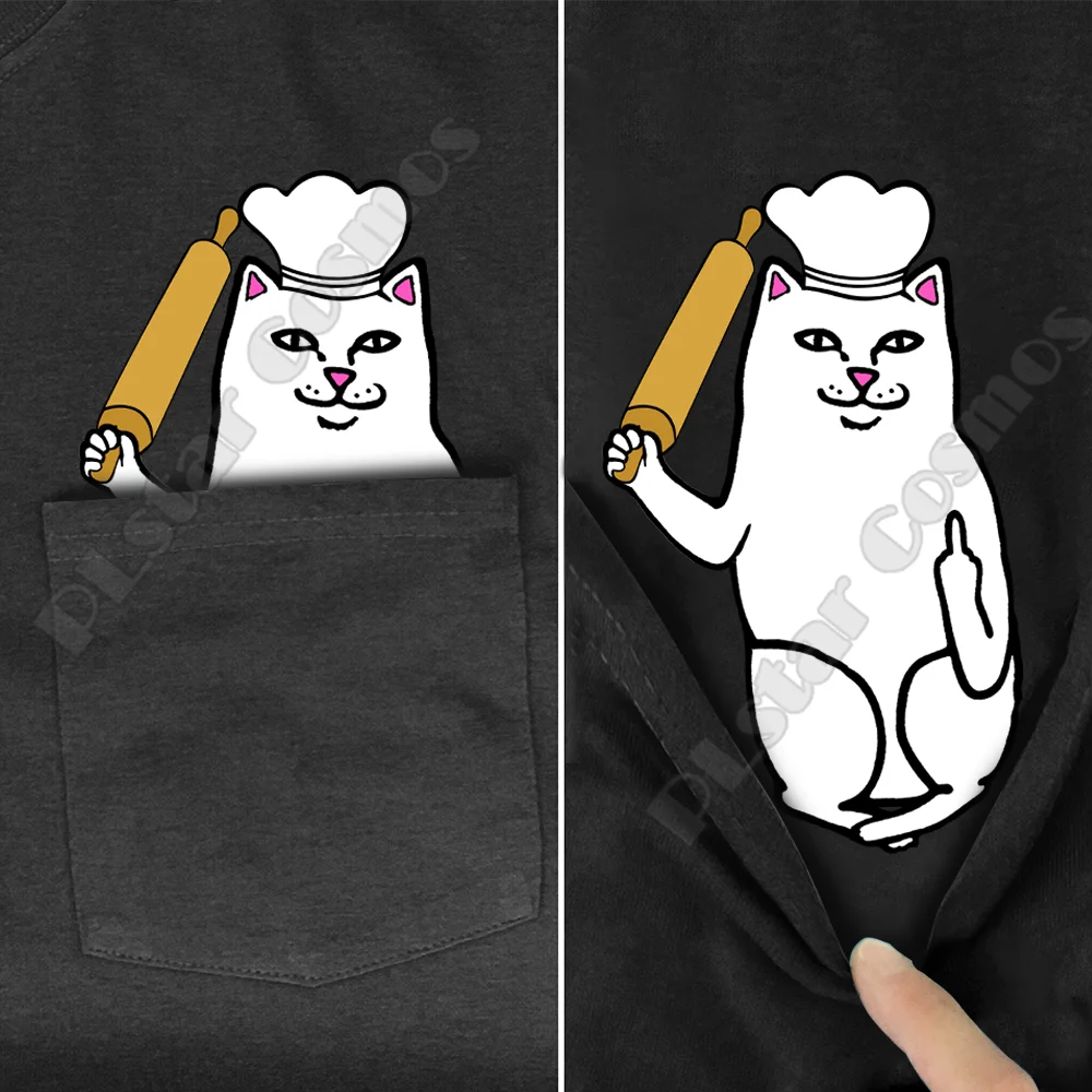 Hippie Pocket Tee T Shirts summer Smoking Cat printed t-shirt men for women tops black cotton funny Short sleeve dropshipping