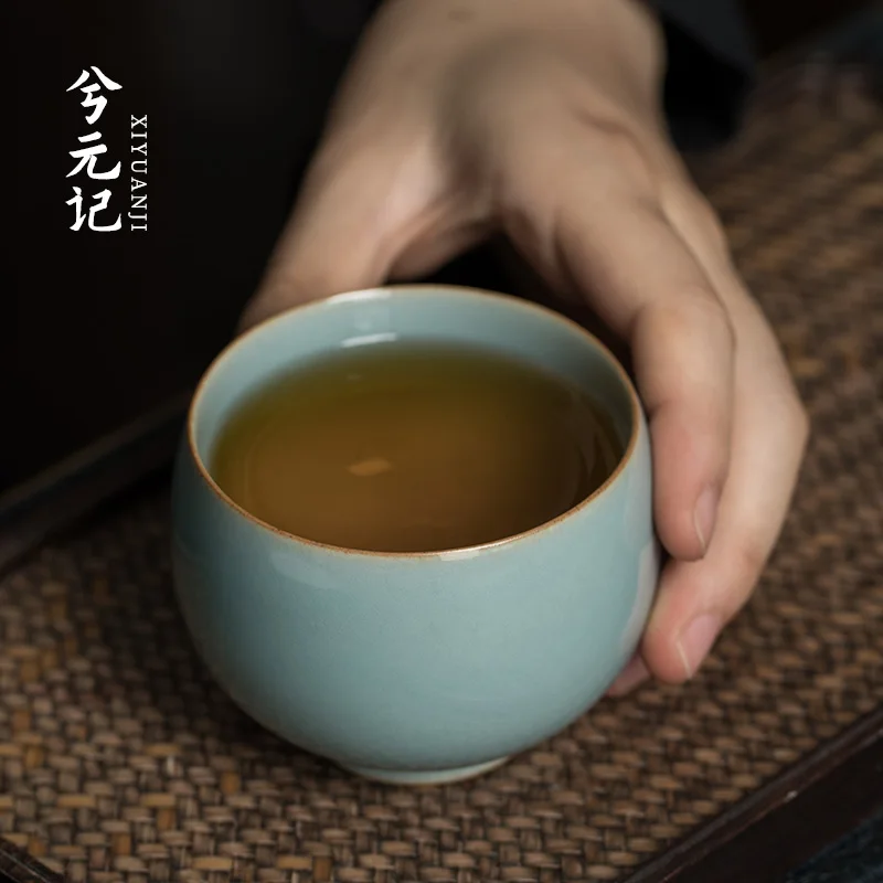 |Tea cup ceramic single master cup official kiln blue pure color cup Antique Chinese style cup Kung Fu tea cup tea cup