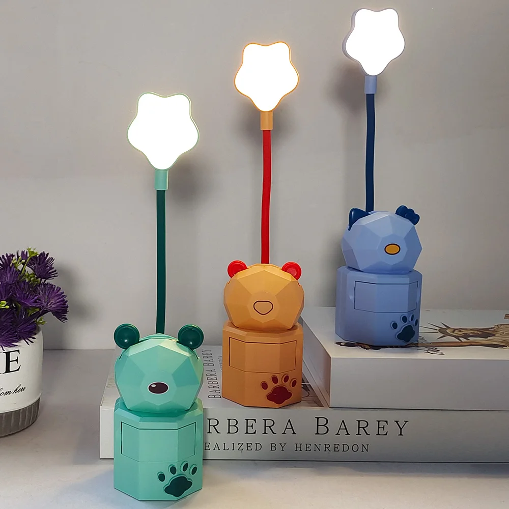 LED Cute Cartoon Night Light USB Charging Desk Lamp Children'S Bedside Reading Lamp With Storage Drawer Mobile Phone Holder