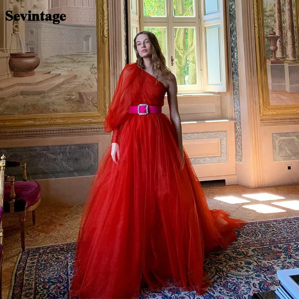 

Sevintage Gorgeous Red Prom Dresses One Shoulder Long Sleeves A-Line Evening Gowns Women Party Dress with Belt Fashion Outfits