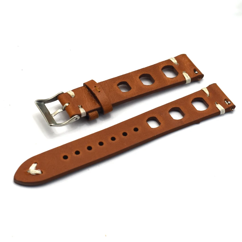 Handcrafted Three-hole Breathable 18mm 20mm 22mm 24mm Retro Soft Leather Watchbands Strap  for Men Ventilated Watchstrap