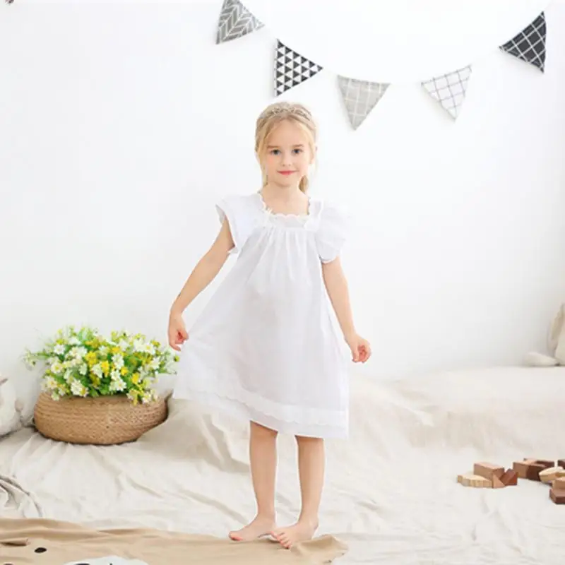 Meisjes Katoenen Zomer Kinderen Hof Stijl Mooie Baby Nachtkleding Pyjama Korte Mouwen Borduren Kant Meisjes Prinses Slaap Jurk