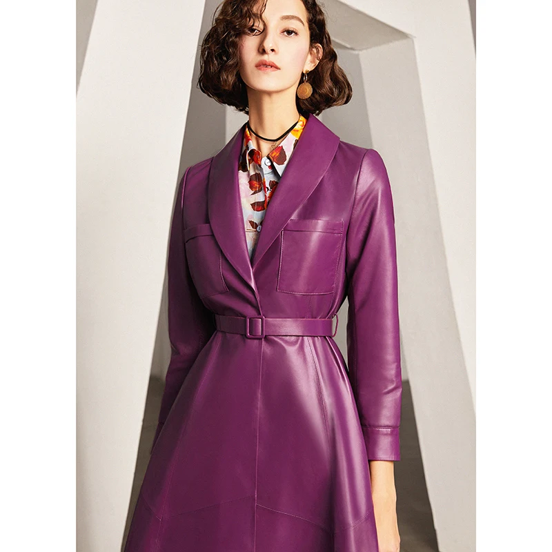 French Elegant Leather Coat Women Purple Sheepskin Mid-long Slim Leather Windbreaker Jacket Genuine Leather Jacket Women