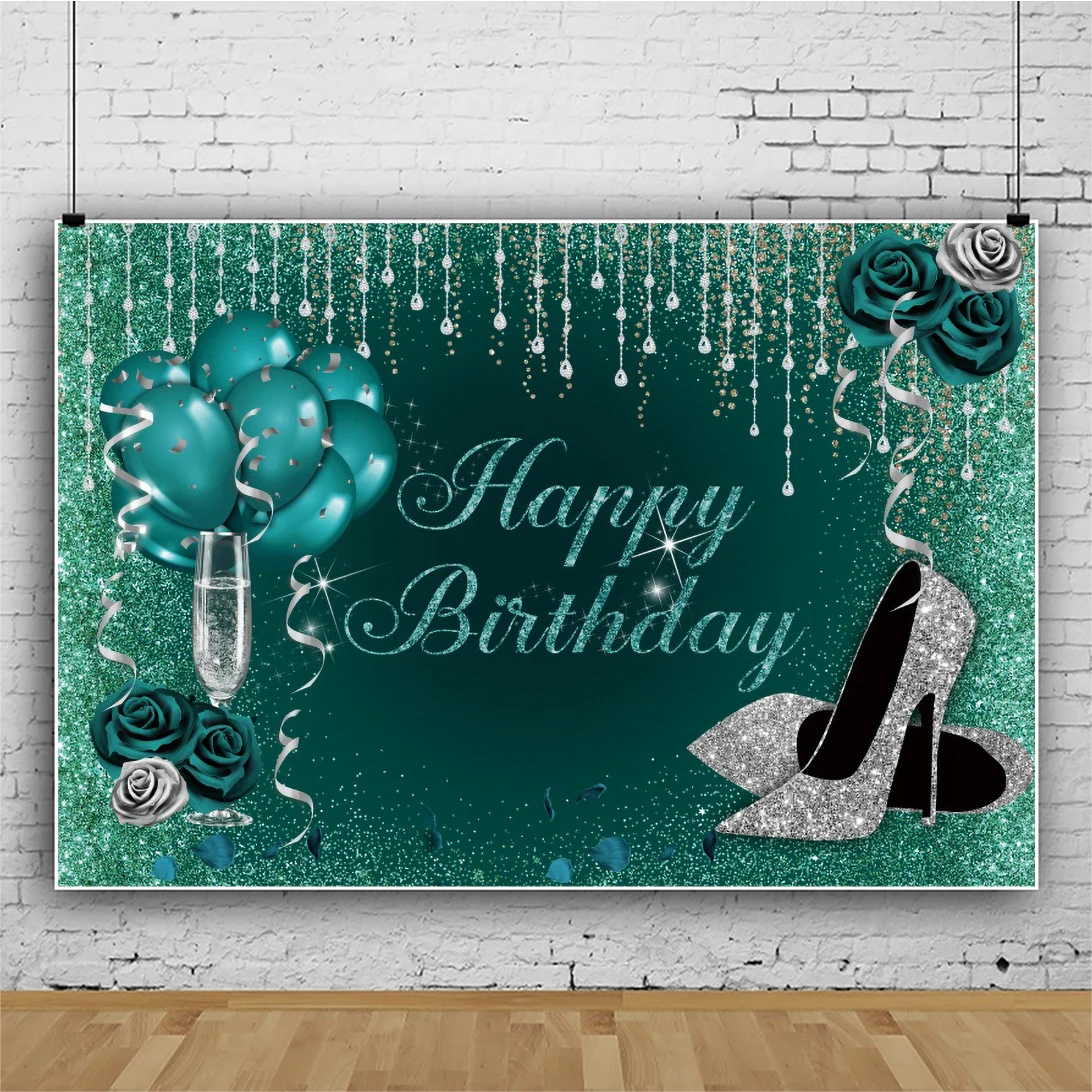 Green Photo Backdrop Happy Birthday Silver High Heels Photography Background Balloons Tassel Family Party Portrait Custom Poster