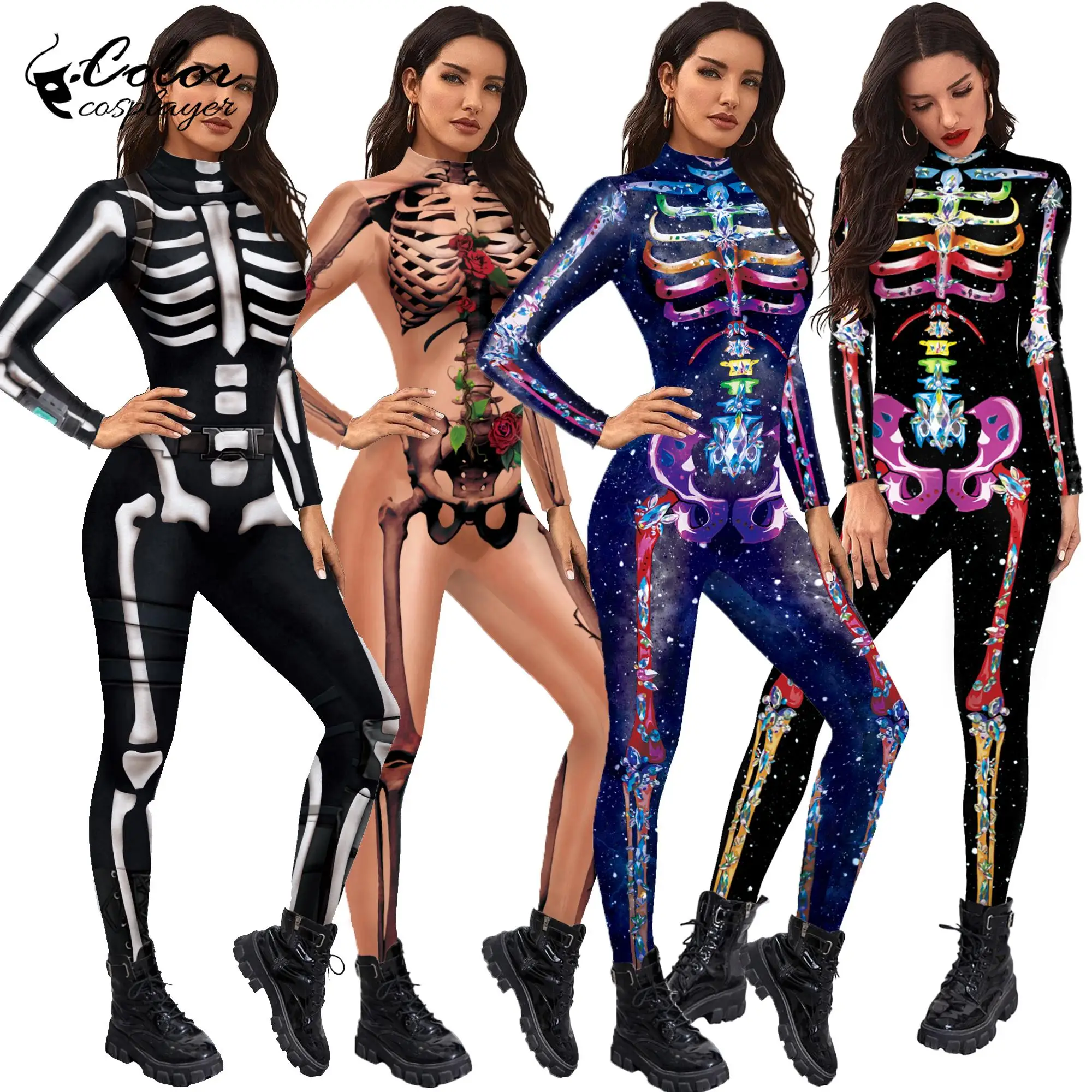 Color Cosplayer Halloween Skeleton Printed Jumpsuits Women Halloween Performance Outfits Party Cosplay Costume Zentai Fitness