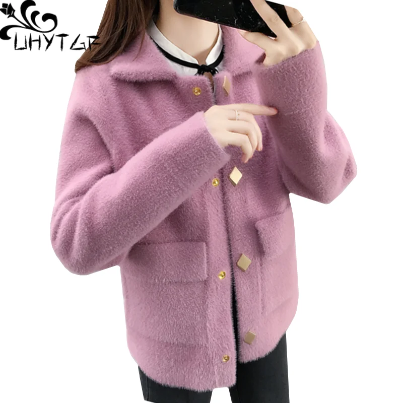 

UHYTGF Mink Fleece Cardigan Jacket Women's Single Breasted Autumn Winter Sweater Coat Female Long Sleeve Knitted Short Tops 1320