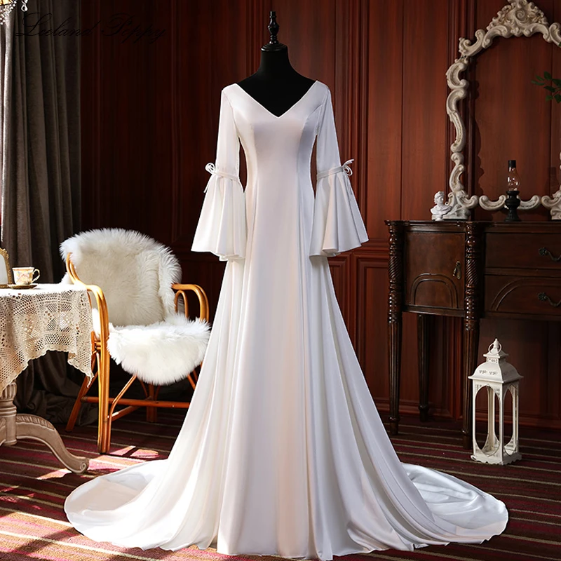 

Lceland Poppy Elegant V Neck Soft Satin A-line Wedding Dresses Long Flare Sleeves Floor Length Bridal Gowns Court Train