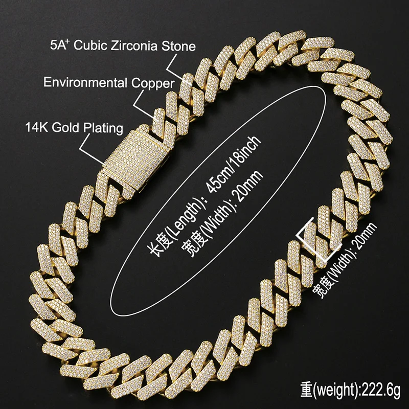 20mm big wide Hip Hop AAA CZ Stone Paved Bling Iced Out Square Cuban Miami Link Chain Chokers Necklace for Men Rapper Jewelry