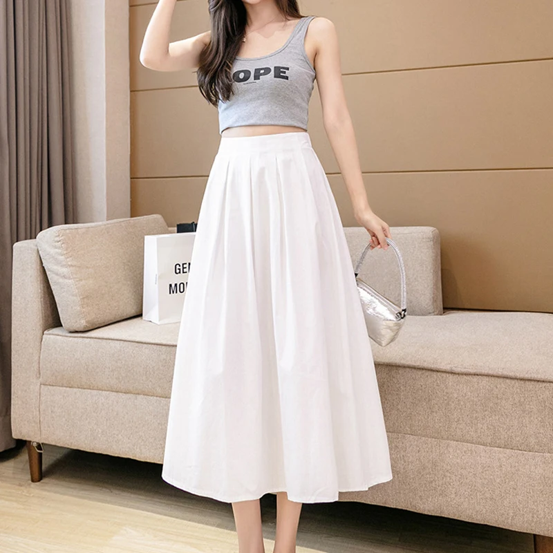

High Waist Women Skirt Summer 2021 Black A-Line Maxi Skirt College Style Casual Elastic Bands Lady Pleated Midi Skirts