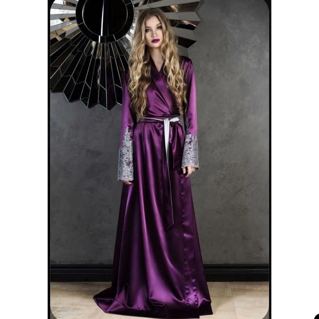 Dark Purple Silk Women Bathrobe Custom Made Long Lace Sleeve With Belt Pregnant Party Sleepwear Sheer Nightgown Robe