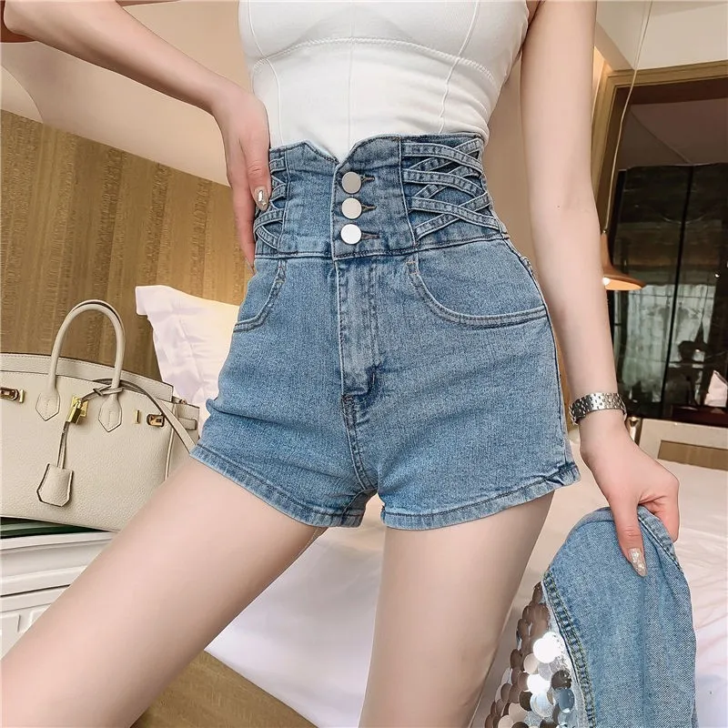 High Waisted Wide Leg Jeans for Women, Female Shorts, Korean Design, Tight Fit Bag Hip, Net Red, Summer, New, 2023