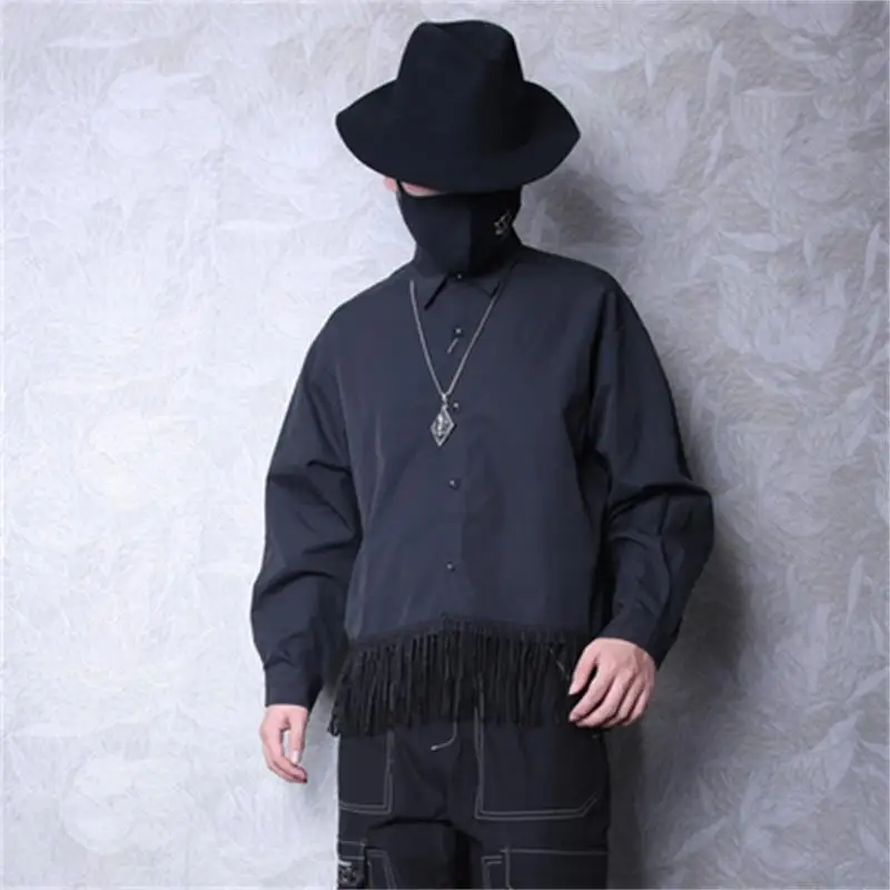 Harajuku dark trend men's long sleeve shirt individual tassel loose cut shirt thin cardigan man vintage hoodie men