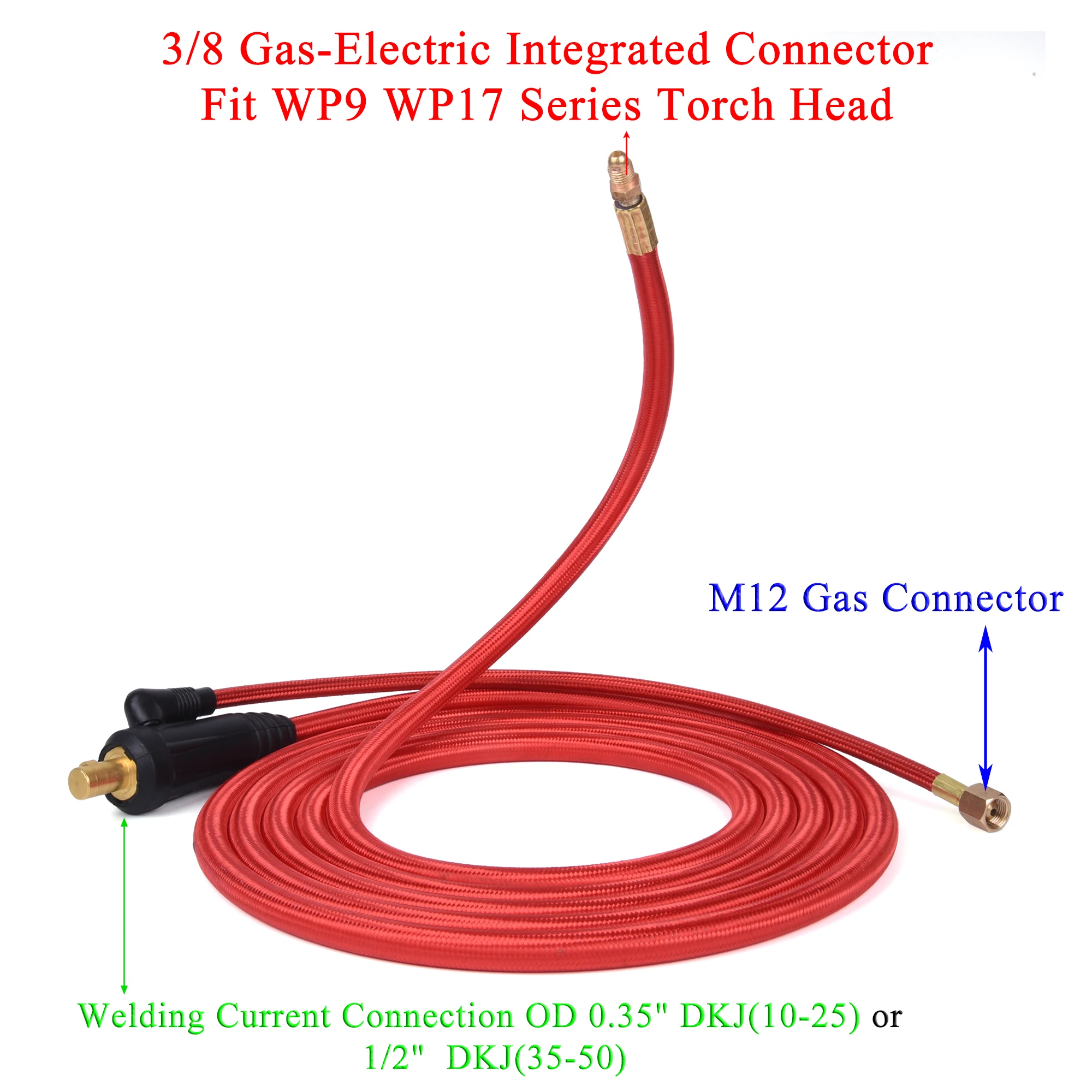 3.8/7.6m wp9 wp17 tig tocha de soldagem gás-elétrico integrado vermelho macio mangueira cabo fios m12 dkj 10-25 35-50 euro conector