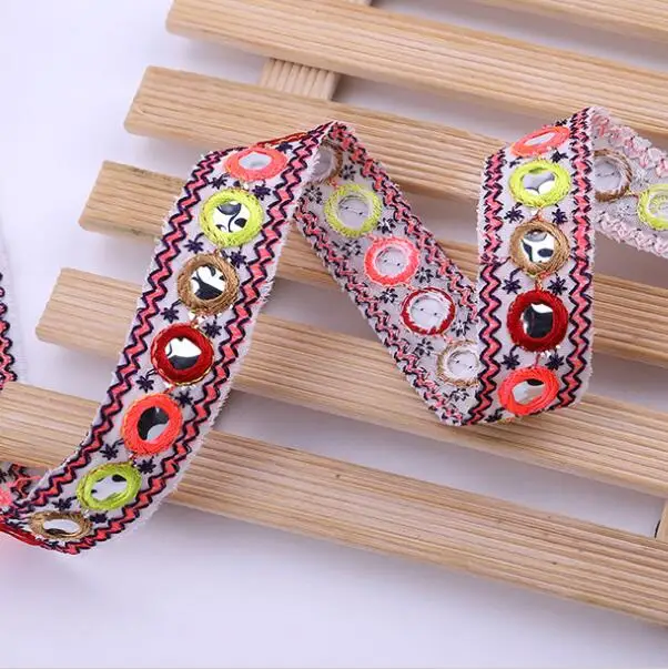 10Yards Ethnic Mirror Embroidered Webbing 2.4cm Indian Trim DIY Handmade Sewing Net Yarn Ribbons Clothing Decorative Lace Trim