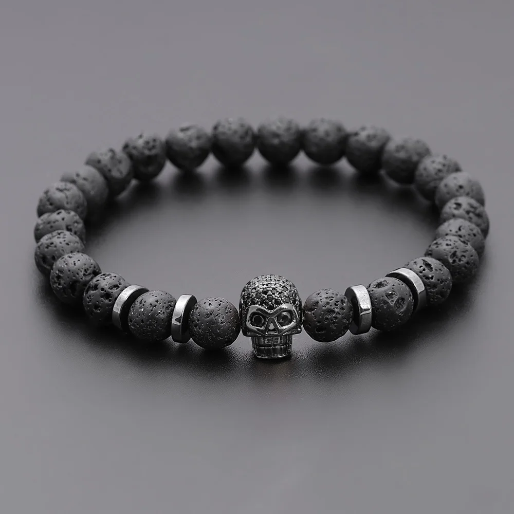 Black Eye Skull Hematite Bead Bracelet Men Classic Handmade 8mm Lava Stone Charm Bracelet For Men Jewelry Gift