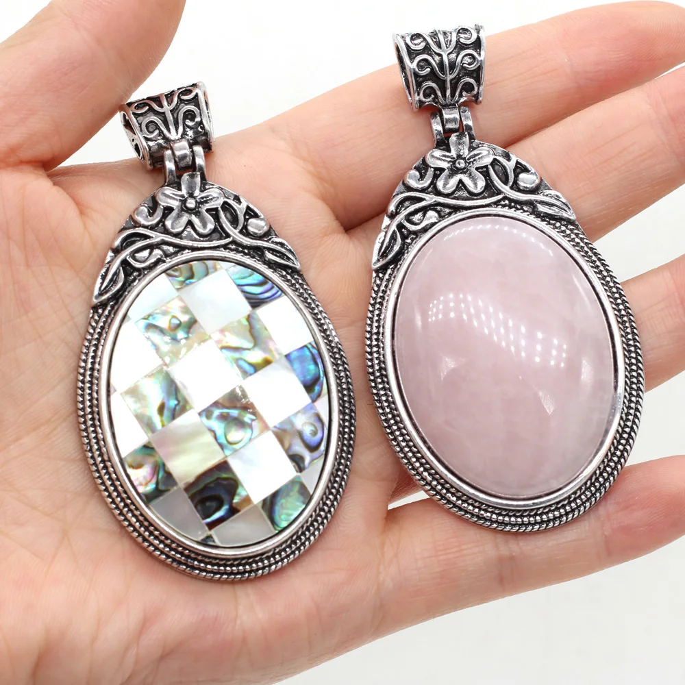 Fashion Boho Elliptical Pendant for Women Natural Stone Rose Pink Quartz Aventurine Jades Charms for Jewelry Making DIY Necklace