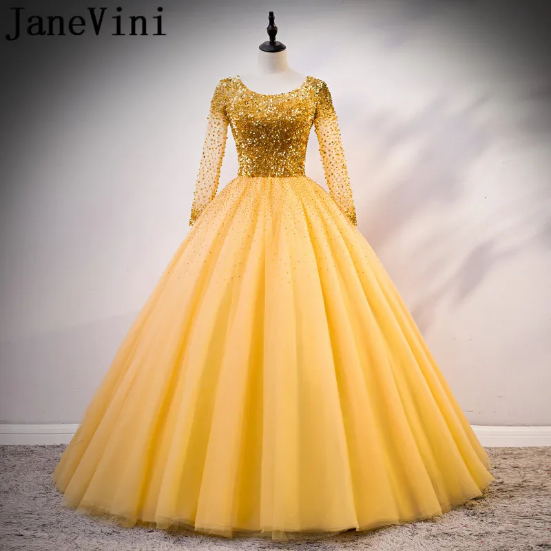 

Роскошное бальное платье jaevini 2021 с золотыми кристаллами, платья для Quinceanera, платья из бисера с длинным рукавом, тюлевые вечерние бальные платья для маскарада