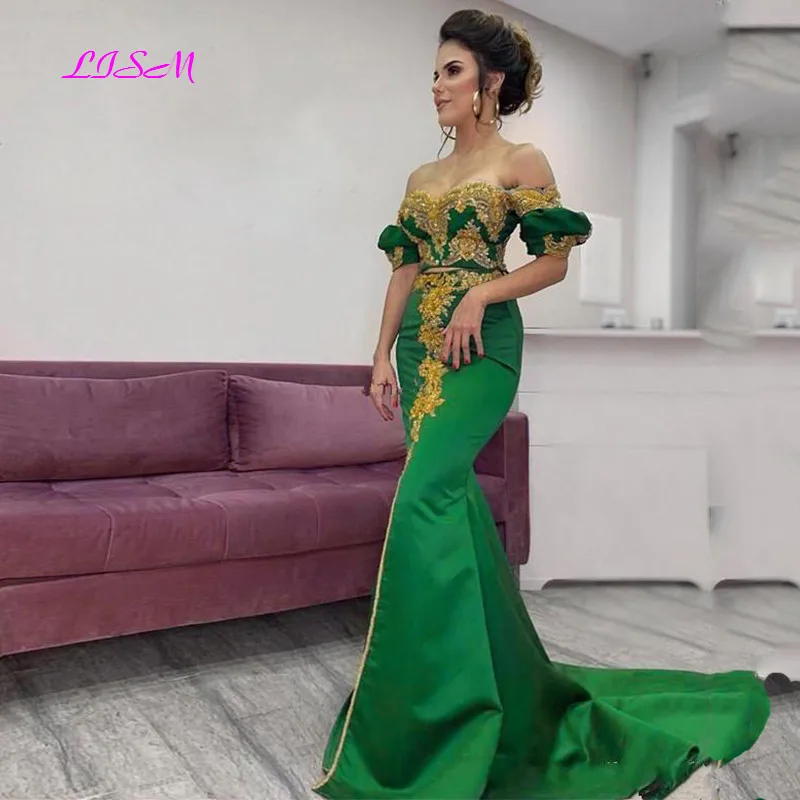 Robe de Soirée en Forme de Sirène Verte Deux Pièces, Tenue de Célébrité en Satin, à Manches Courtes, avec Appliques en Dentelle